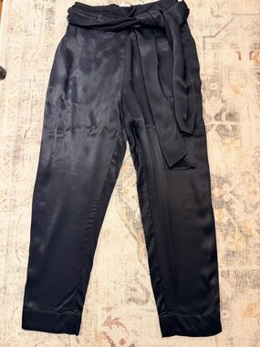 Anthropologie black silky dress pants side zip and sash size 2